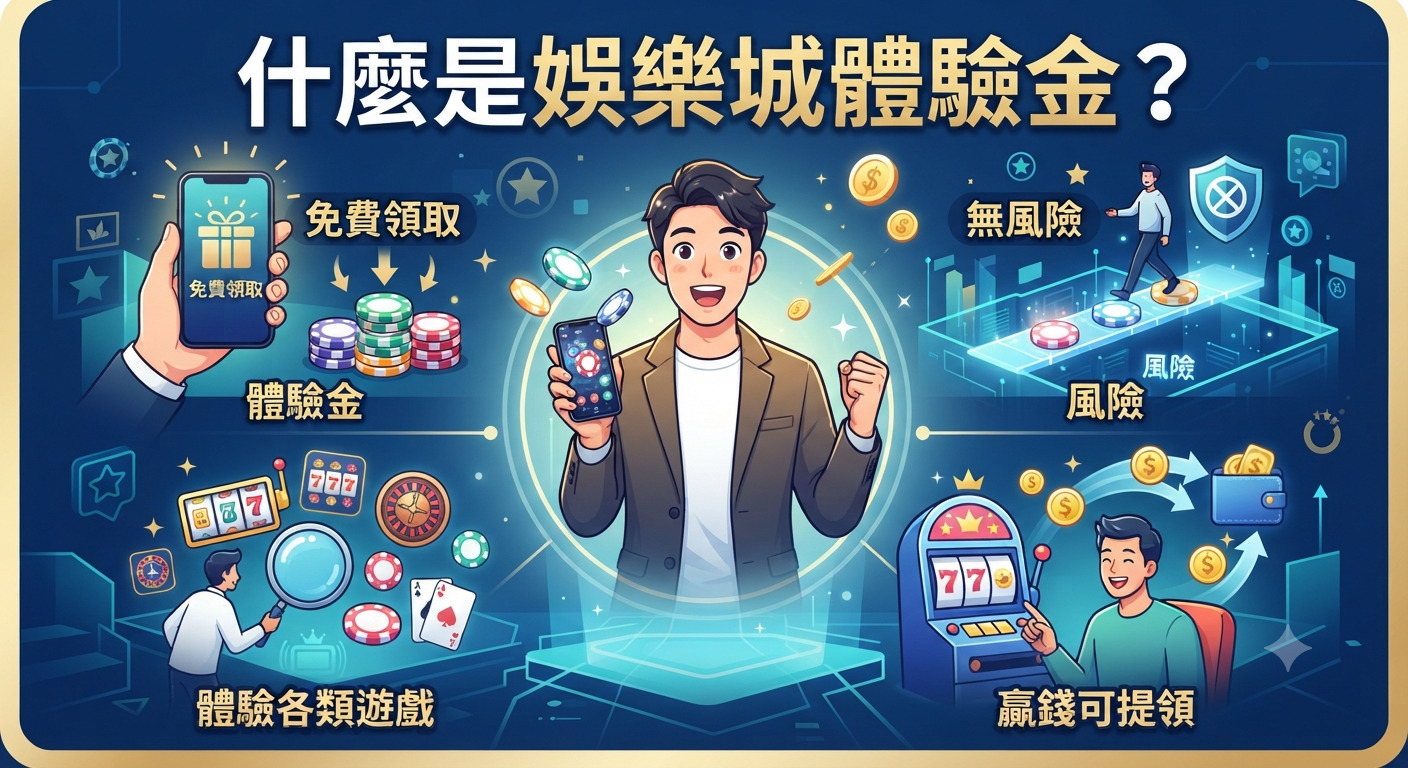 這張圖片以「什麼是娛樂城體驗金?」為標題,透過圖像化方式介紹娛樂城體驗金的概念。 內容展示了免費領取、無風險體驗各類遊戲,以及贏錢後可提領的相關特色。