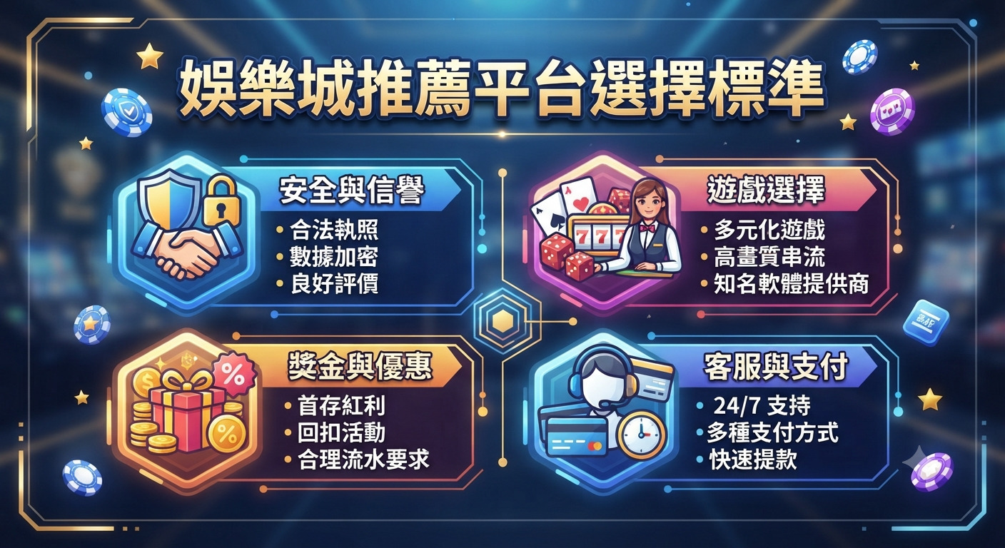 這張圖片呈現「娛樂城推薦平台選擇標準」的專業資訊設計,以科技感的藍色調為背景並輔以籌碼裝飾。 圖片透過四個六角形區塊清楚列出評估重點,涵蓋了安全信譽、遊戲選擇、獎金優惠以及客服與支付等核心標準。