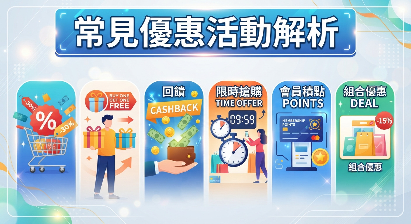 這是一張以「常見優惠活動解析」為主題的資訊圖表,上方清晰呈現大標題。 圖表下方以六個區塊詳細展示了折扣、買一送一、現金回饋、限時搶購、會員積點與組合優惠等多種促銷形式。
