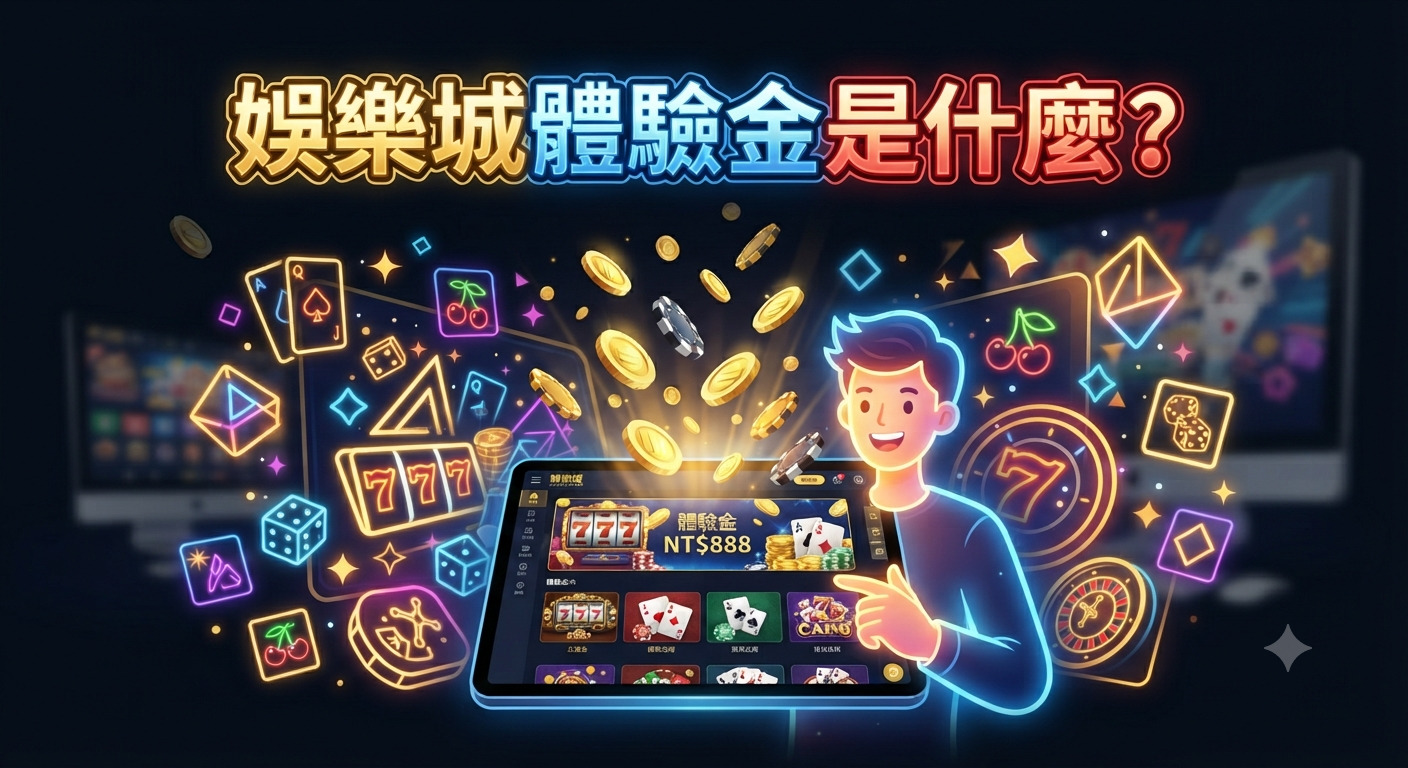 這張圖片呈現了一個充滿活力的數位娛樂場景,標題為「娛樂城體驗金是什麼?」,並以鮮豔的霓虹風格圖示環繞著正在使用平板電腦的年輕人。 畫面中央展示了遊戲介面與金幣噴出的動態效果,突顯了線上博弈平台體驗金的吸引力與互動體驗。