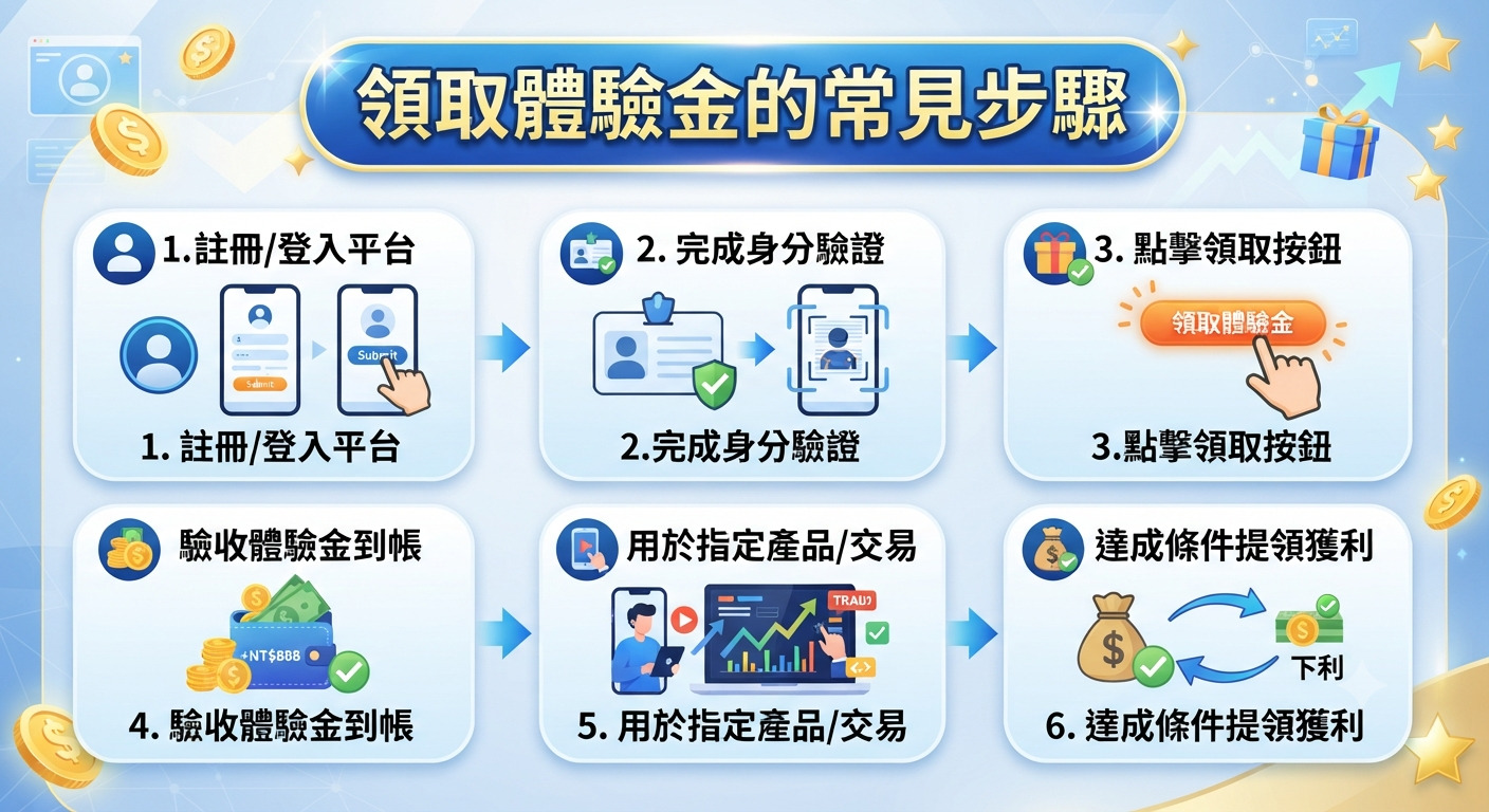 這張圖片的標題為「領取體驗金的常見步驟」,以流程圖形式詳細說明了從註冊到提領獲利的六個步驟。 整體設計簡潔明瞭,輔以圖標與箭頭指引,清楚呈現了領取體驗金的操作流程。