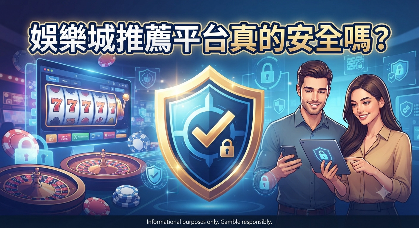 這張圖片展示了一對男女在數位安全防護盾牌前使用平板電腦，象徵線上娛樂城的安全性評估。 背景結合了賭場遊戲元素與科技鎖的圖示，並在上方以醒目的文字標題提出「娛樂城推薦平台真的安全嗎？」的疑問。