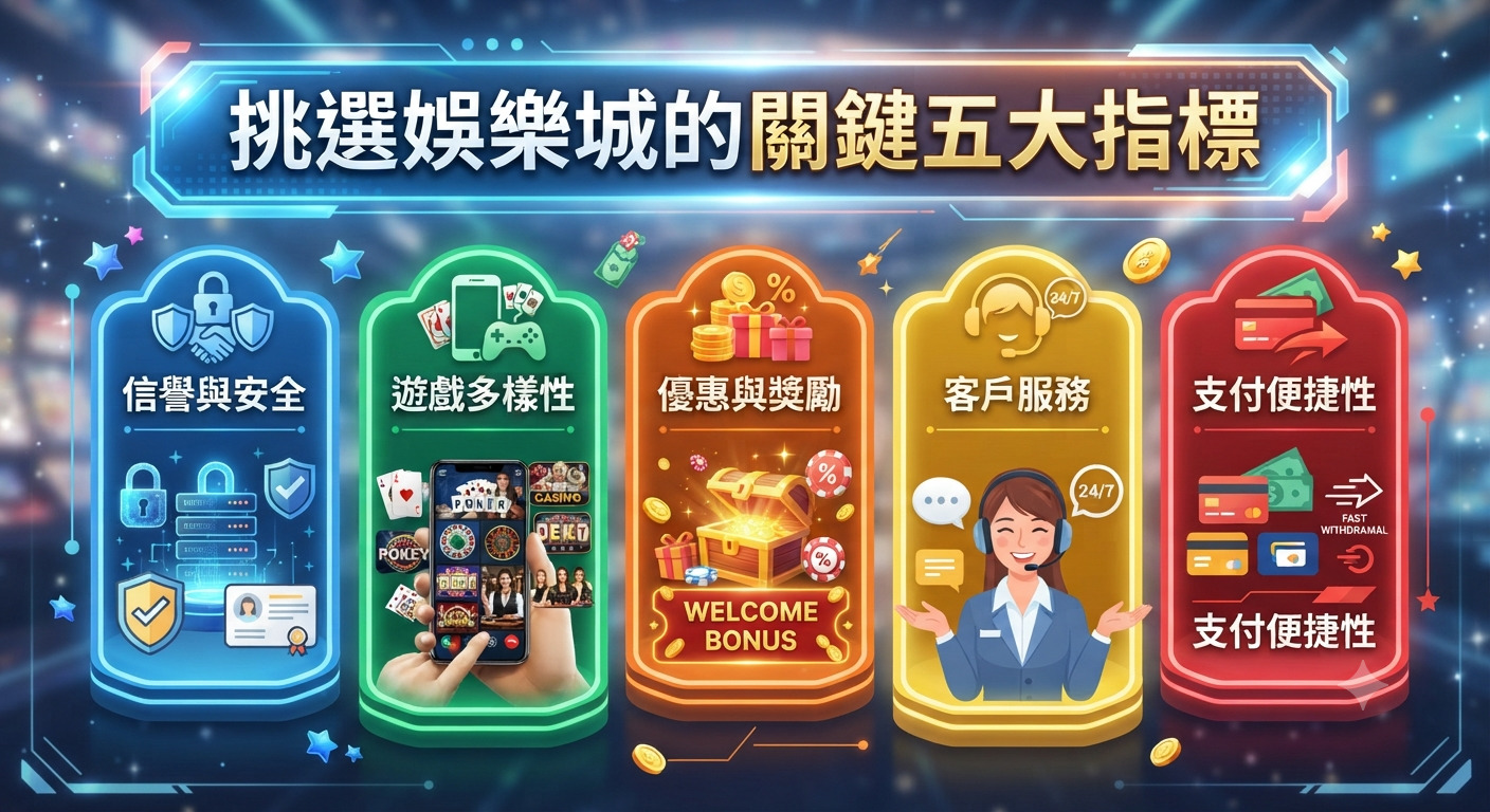 這張圖片以科技感十足的藍色為背景，標題為「挑選娛樂城的關鍵五大指標」，並列出五個核心評估要素。 每個指標透過不同顏色的圖標呈現，詳細涵蓋了信譽安全、遊戲多樣性、優惠獎勵、客戶服務以及支付便捷性。
