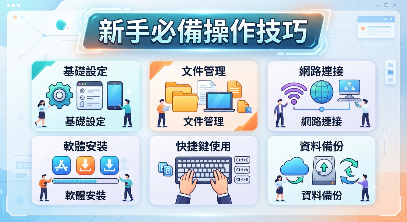 這是一張展示新手電腦操作技巧的教學資訊圖表,標題為「新手必備操作技巧」。 圖中以六個分類圖示,清晰地涵蓋了基礎設定、檔案管理、網路連接、軟體安裝、快捷鍵使用及資料備份等實用教學內容。