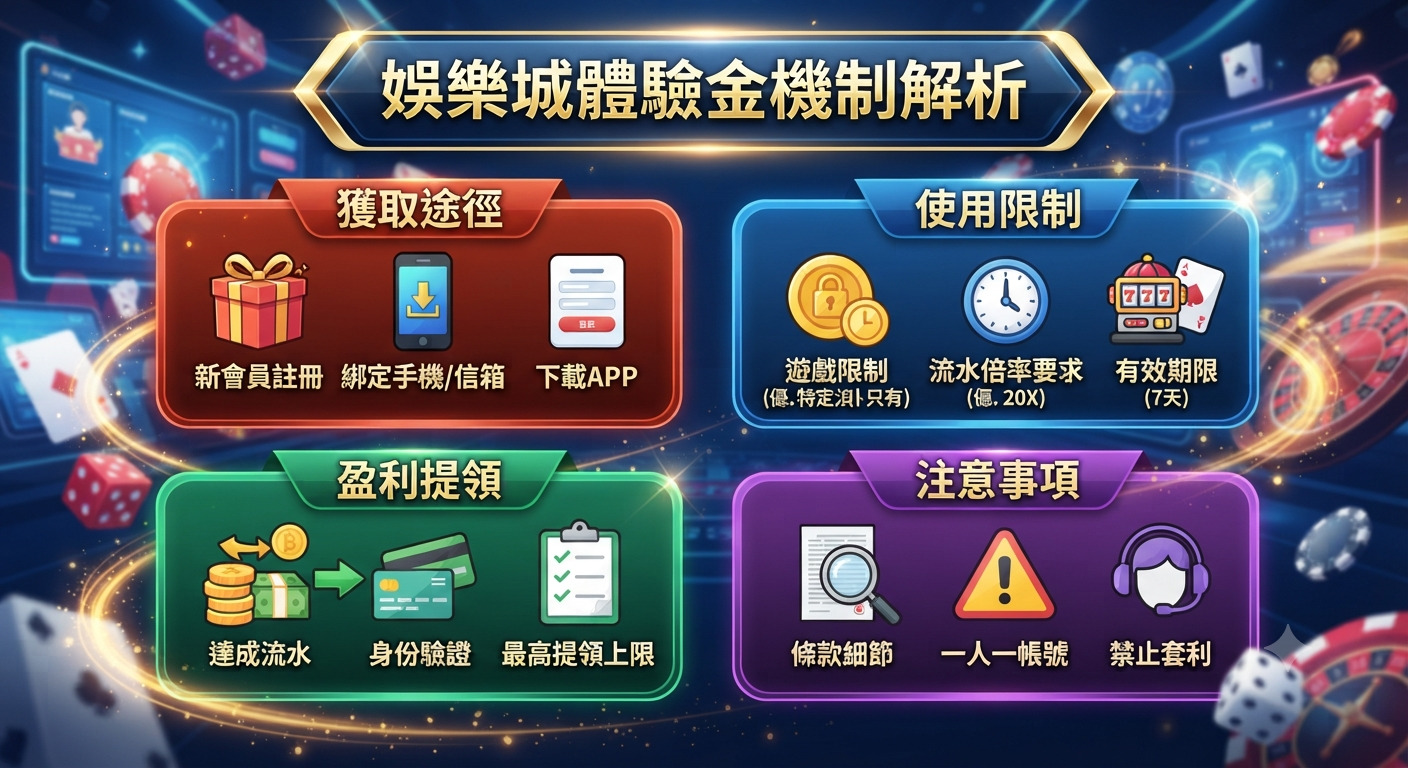 這張圖表以專業的視覺風格解析娛樂城體驗金機制,並以「娛樂城體驗金機制解析」為核心標題。 內容整合了獲取途徑、使用限制、盈利提領與注意事項四大區塊,呈現資訊豐富且結構清晰。