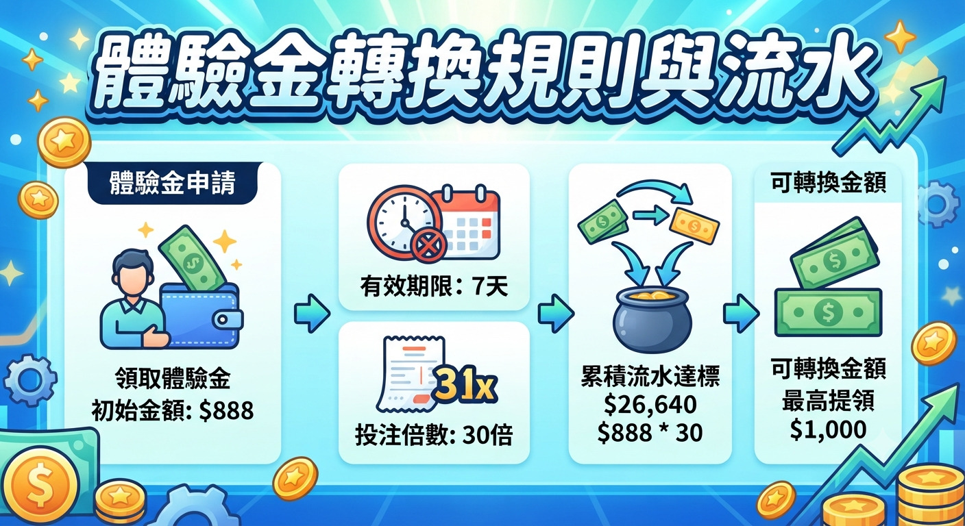 這是一張關於體驗金轉換規則與流水的資訊圖表,以清晰的圖示說明從領取獎金到達成投注倍數與提領上限的完整流程。 整體設計風格現代且具專業感,透過直觀的步驟引導使用者理解複雜的轉換條件,並搭配金幣與貨幣符號強化視覺效果。