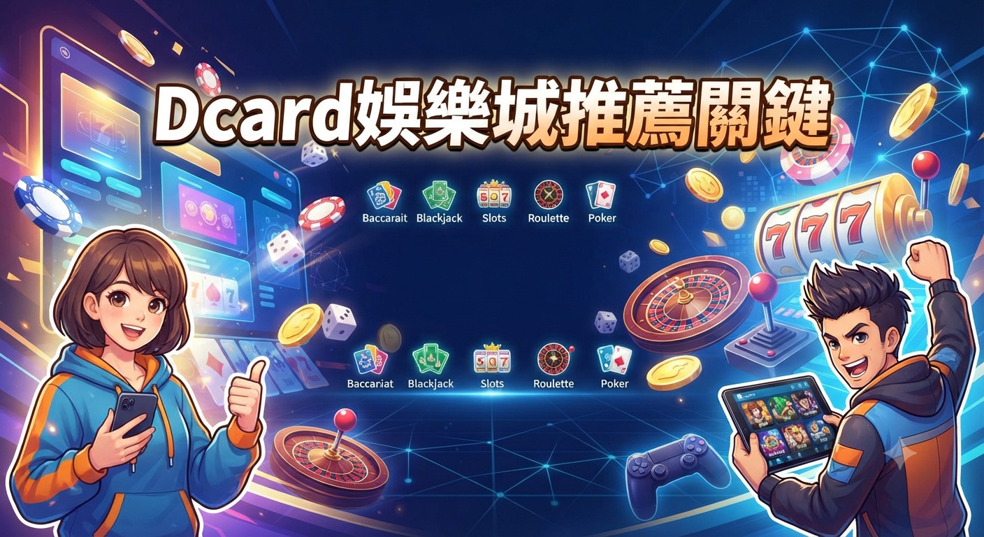 這是一張以「Dcard娛樂城推薦關鍵」為標題的動漫風格宣傳圖,畫面中一男一女正開心地使用手機與平板遊玩線上博弈遊戲。 背景融入了老虎機、輪盤與籌碼等豐富的娛樂城元素,整體呈現出活潑、現代且具備科技感的視覺效果。
