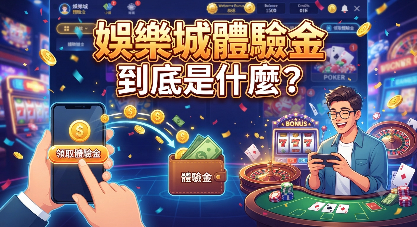 這張圖片展示了一位年輕人正透過手機領取娛樂城體驗金，背景融合了拉霸機、撲克牌與輪盤等賭場元素，視覺設計充滿活力。 圖片上方清晰呈現了主題標題「娛樂城體驗金到底是什麼？」，傳達出關於線上博弈平台促銷活動的探索意涵。