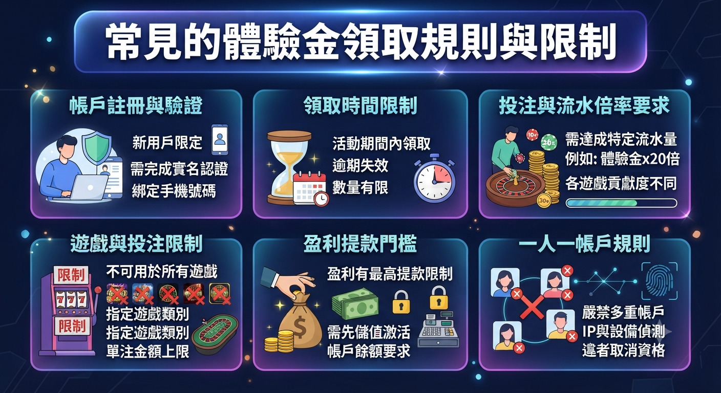 這張資訊圖表詳細列出了線上娛樂城「體驗金領取規則與限制」的六大要點。 圖中透過簡潔的圖標與文字,說明了帳戶註冊、流水倍率、提款門檻及防弊機制等常見規範。