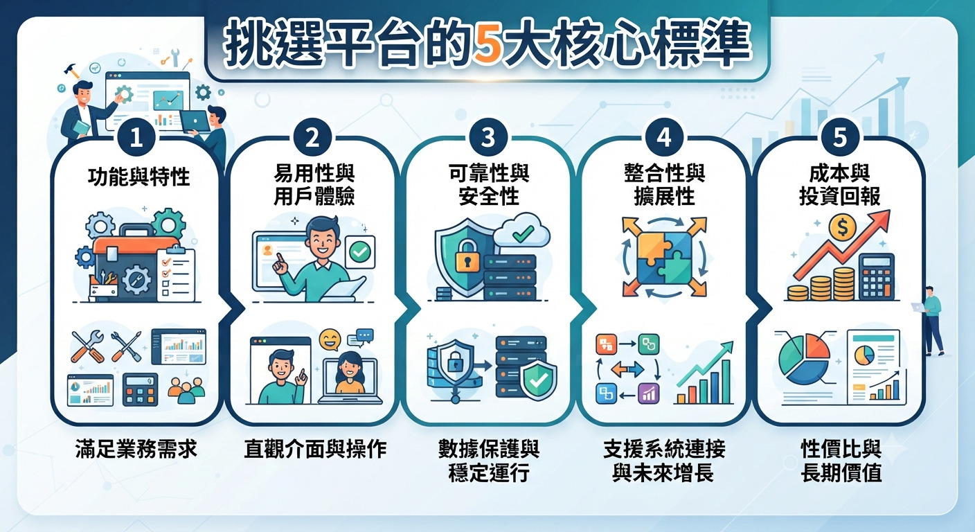 這是一張以「挑選平台的5大核心標準」為題的資訊圖表,透過五個區塊詳細說明了功能、體驗、安全、整合及成本考量。 圖像設計簡潔明瞭,結合了專業圖標與文字說明,有效呈現出評估平台時所需關注的關鍵指標。