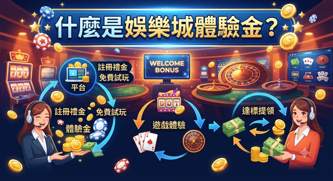 這張圖片以賭場為背景，上方標示著「什麼是娛樂城體驗金？」作為主題。 透過插圖展示了玩家註冊領取體驗金、進行遊戲體驗並達成條件後提領的流程。