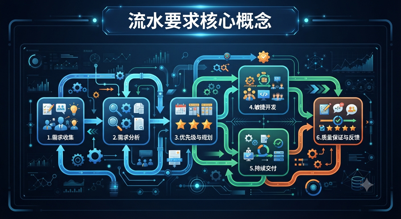 這張圖表以科技風格呈現「流水要求核心概念」,清晰展示了從需求收集到質量保證的六個階段流程。 透過流暢的線條與圖示連結各個環節,完整視覺化了系統開發與需求管理的作業循環。