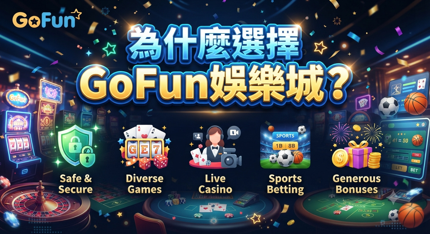 這是一張以「為何選擇GoFun娛樂城?」為主題的促銷海報,背景呈現充滿現代感與奢華氛圍的賭場環境。 畫面中央展示了品牌名稱,並以五個對應的圖示分別強調安全保障、多樣遊戲、真人娛樂、體育博彩與豐富獎金等核心優勢。
