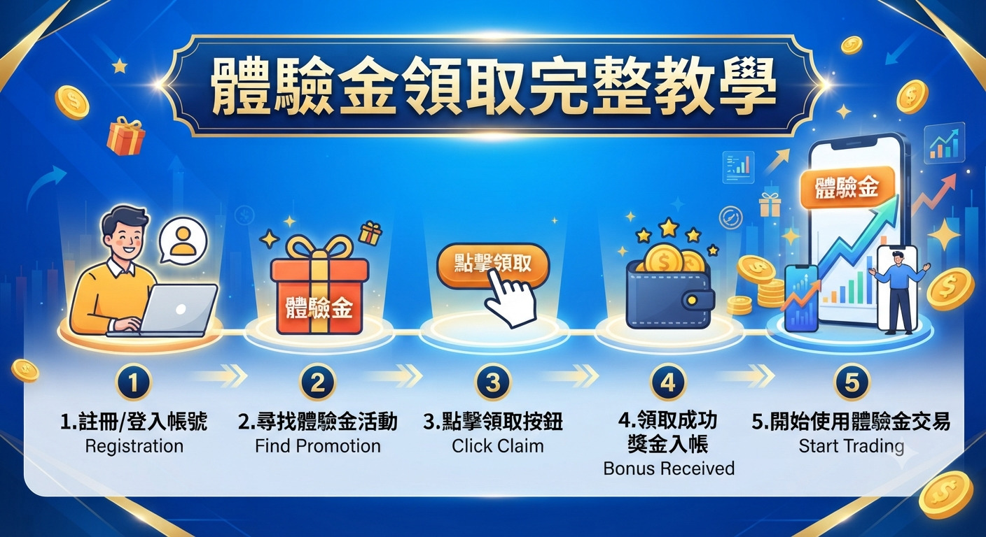這是一張關於「體驗金領取完整教學」的教學流程圖,設計風格專業且清晰。 圖片以五個步驟呈現了從註冊帳號、尋找活動、點擊領取、獎金入帳到開始交易的完整操作過程。