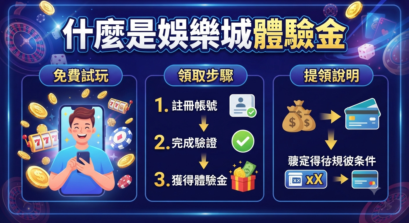 這是一張關於「娛樂城體驗金」的教學資訊圖，以深藍色為基調，呈現領取步驟與提領說明。 畫面中央設計精美，詳細介紹註冊、驗證及獲得體驗金的流程，幫助用戶快速了解遊戲規則。