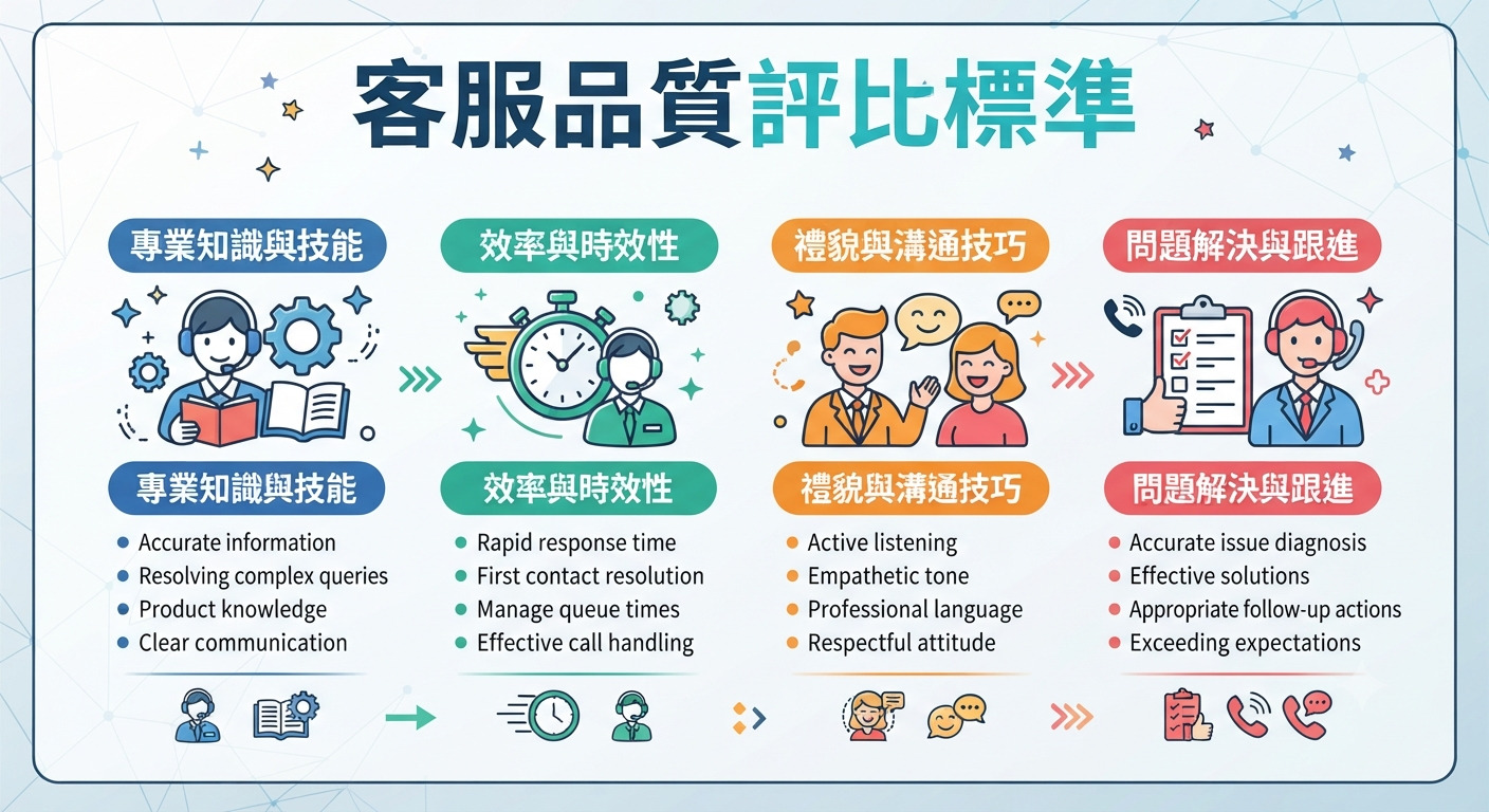 這是一張關於「客服品質評比標準」的圖表,透過四個核心面向與對應的執行重點進行說明。 圖中以清晰的圖示與清單列出專業知識、效率、禮貌及問題解決的評估指標。