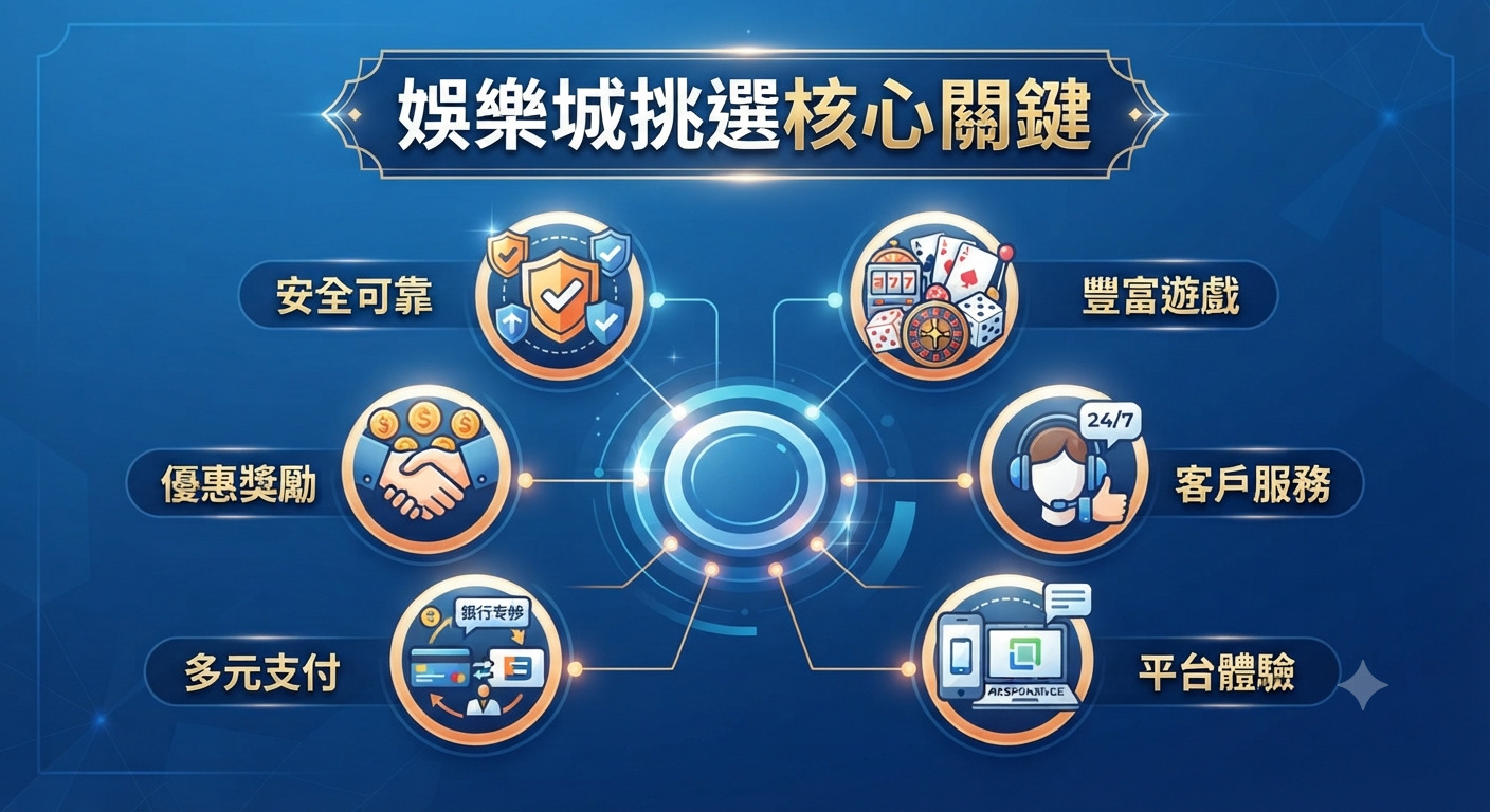 這張圖片以專業的藍色科技風格呈現「娛樂城挑選核心關鍵」為標題,並以圖解方式列出安全、遊戲、優惠、客服、支付及平台體驗等六大核心要素。