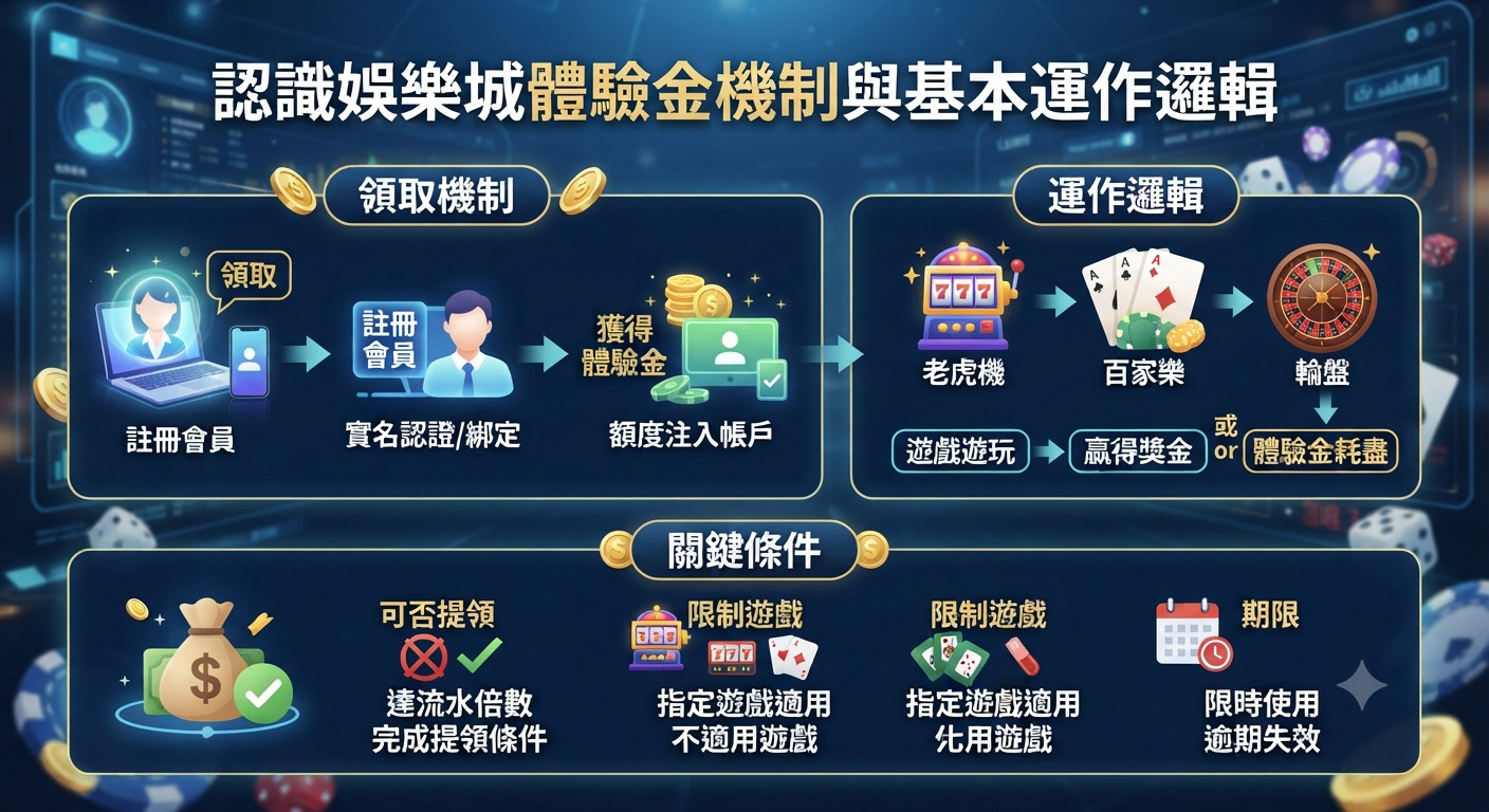 這是一張關於「認識娛樂城體驗金機制與基本運作邏輯」的資訊圖表,主要透過圖解展示了領取機制、運作邏輯與相關條件。 畫面採用藍色科技感背景,並以清晰的排版與插圖說明註冊、綁定及遊戲遊玩的流程細節。