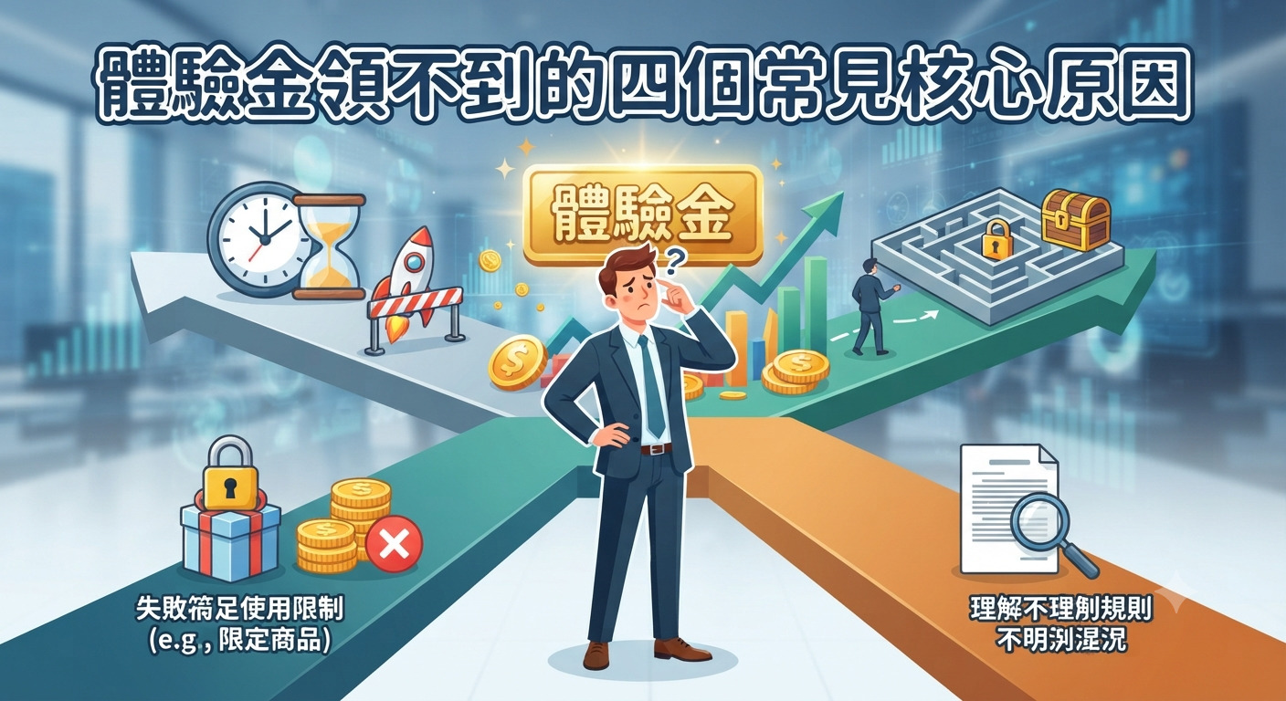 圖片展示了一位困惑的商人站在岔路口,象徵無法領取體驗金的抉擇與難題。 上方醒目地標題寫著「體驗金領不到的四個常見核心原因」,帶領觀眾深入探討相關限制。