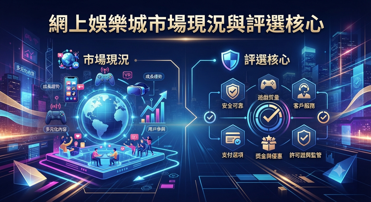 這張圖片展示了線上娛樂城的市場現況與評選核心。 整體設計採用科技感十足的視覺風格,並以繁體中文呈現主題標題。