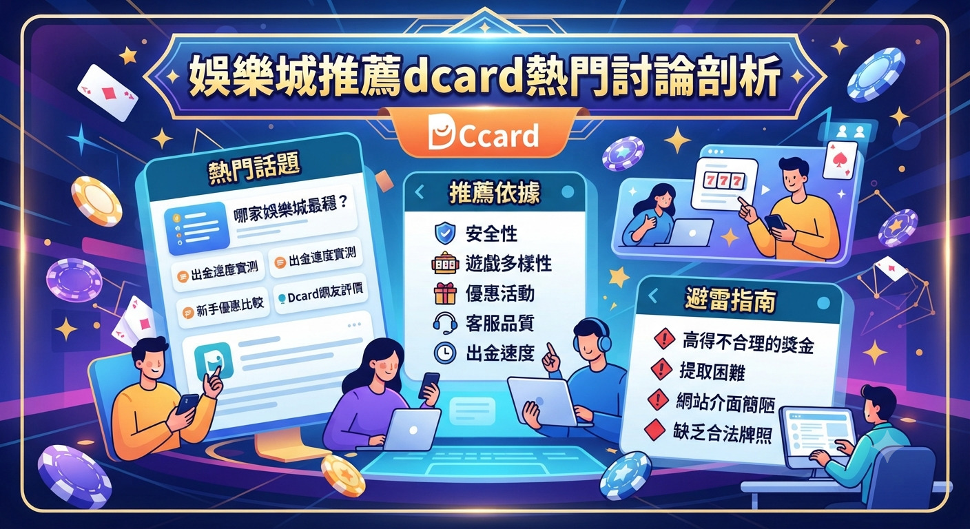 這張圖片以「娛樂城推薦dcard熱門討論剖析」為主題,採用鮮明的插畫風格呈現線上娛樂城的相關網路討論。 畫面中結合了社群論壇介面、熱門話題分類以及分析圖標,展現出探討與評析網路評價的專業視覺感。
