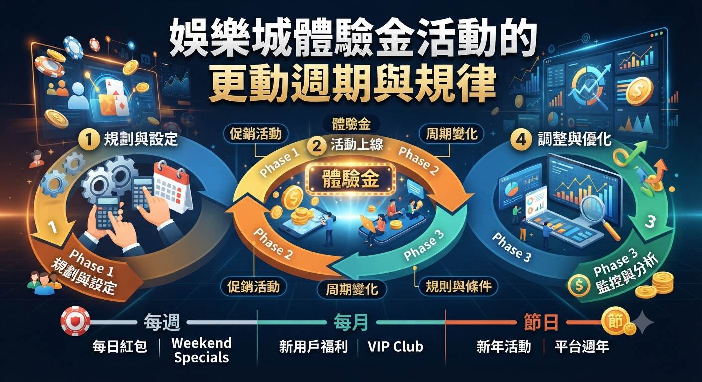這是一張關於娛樂城體驗金活動更動週期與規律的資訊圖表，上方醒目地顯示著主題標題。 畫面透過循環圖示與數據面板，詳細展示了活動的規劃、上線、監控及優化等各個階段。