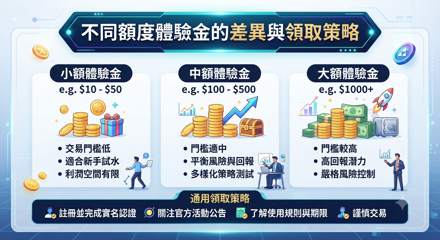 這是一張關於不同額度體驗金差異與領取策略的資訊圖表。 內容詳細對比了小額、中額和大額體驗金的特點，並列出了通用的領取策略。