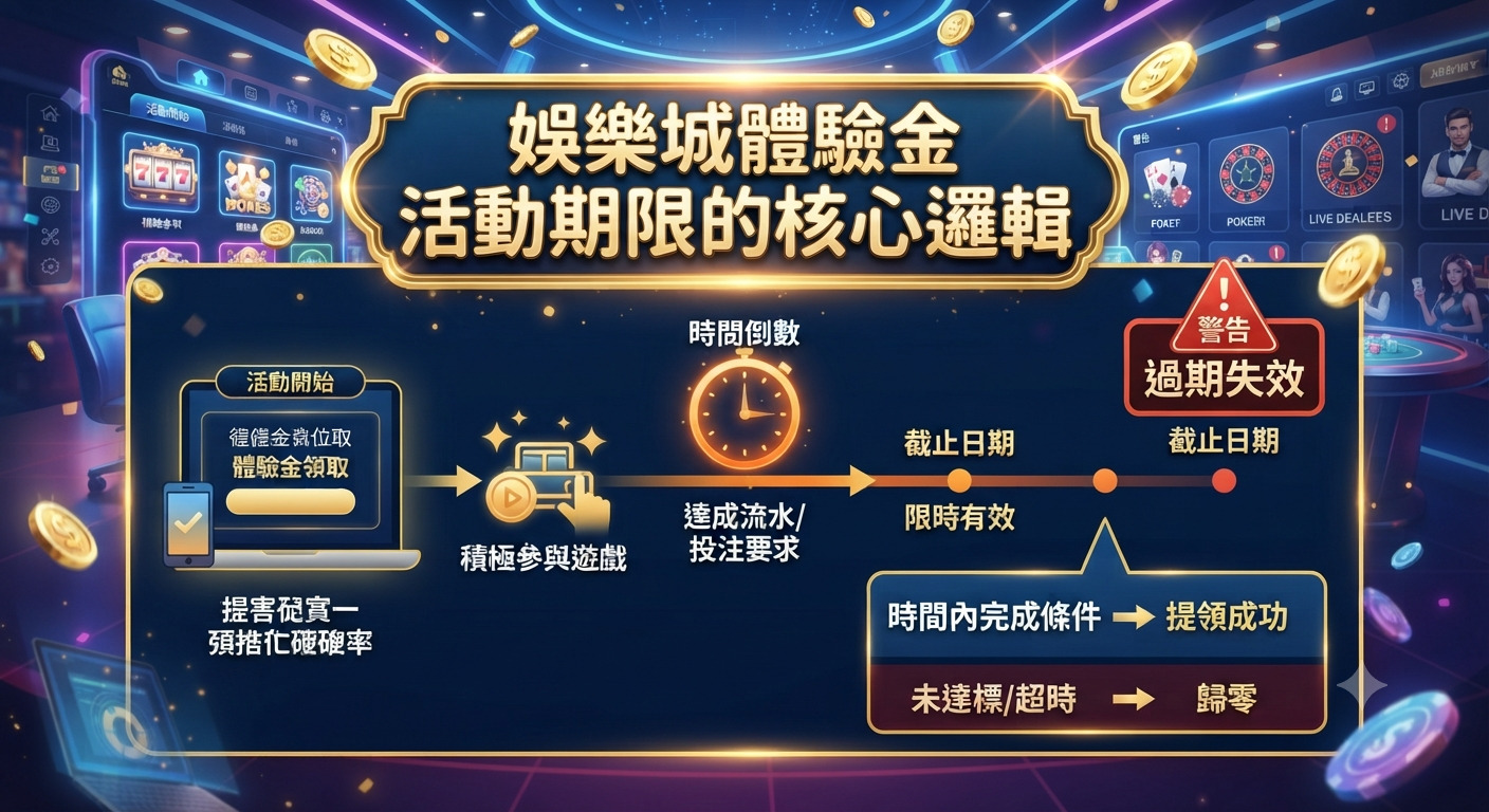 這張圖片展示了娛樂城體驗金活動期限的核心邏輯,清晰呈現從活動開始、限時有效到過期失效的完整流程。 透過視覺化的時間軸設計,幫助使用者快速理解達成流水要求與逾期歸零的關鍵規則。