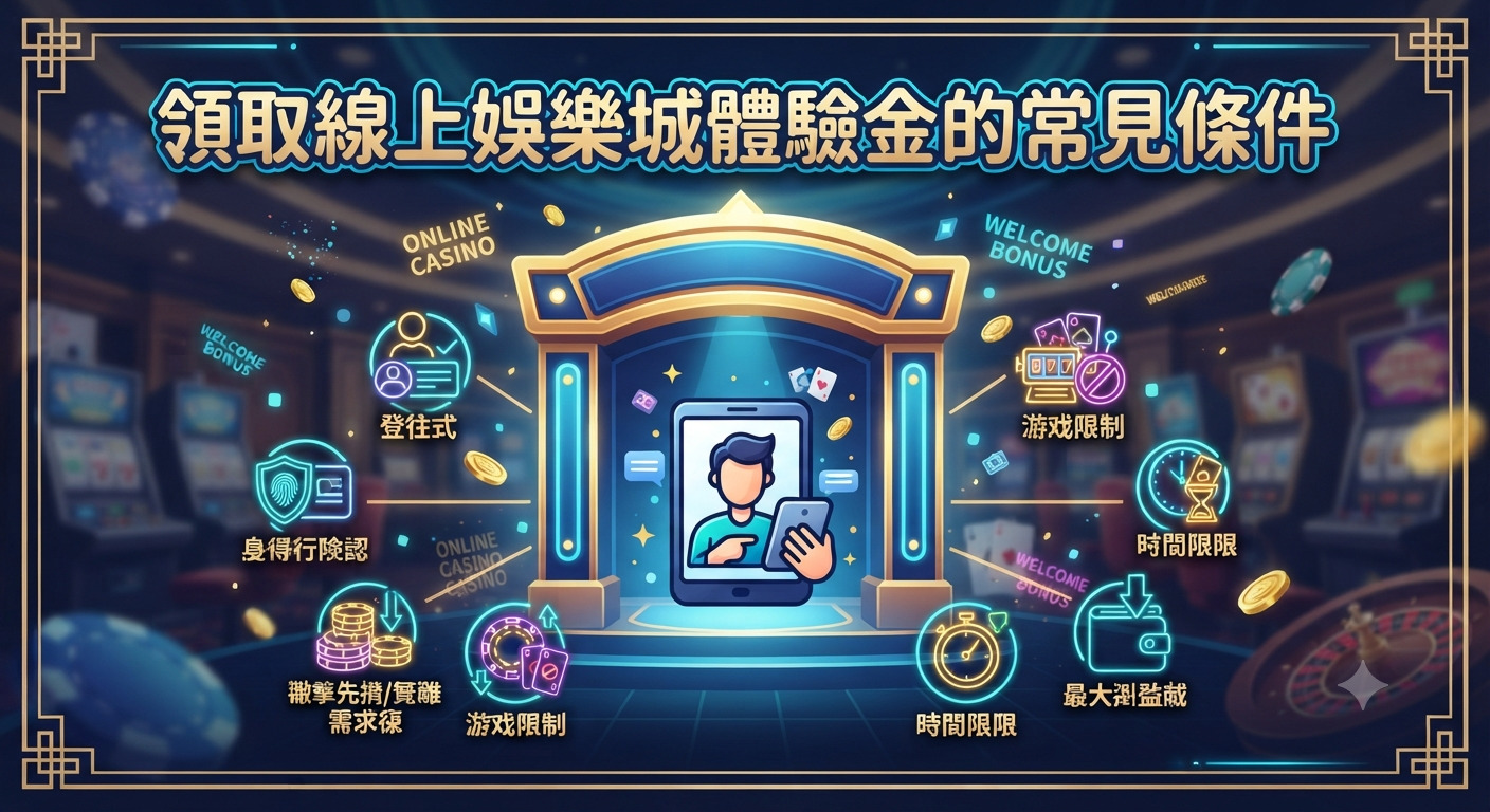 這張圖片展示了領取線上娛樂城體驗金的常見條件,背景融合了賭場元素與現代數位科技感。 上方醒目地標示著「領取線上娛樂城體驗金的常見條件」的主題標題。
