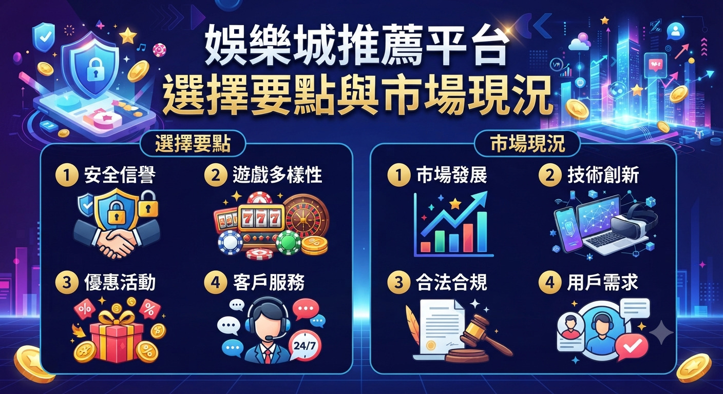 圖片展示了娛樂城推薦平台的選擇要點與市場現況,透過資訊圖表呈現安全信譽、遊戲多樣性及市場發展等核心重點。 畫面採用科技感十足的藍色調設計,頂部醒目地標示出文章主題,並搭配相應的圖示以增進視覺辨識度。