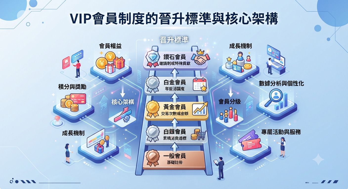 這張圖片展示了「VIP會員制度的晉升標準與核心架構」,並透過階梯圖解與圖示說明了會員分級與各項權益。 整體視覺風格採用科技藍色調,清晰呈現出會員成長機制與數據分析的關聯性。