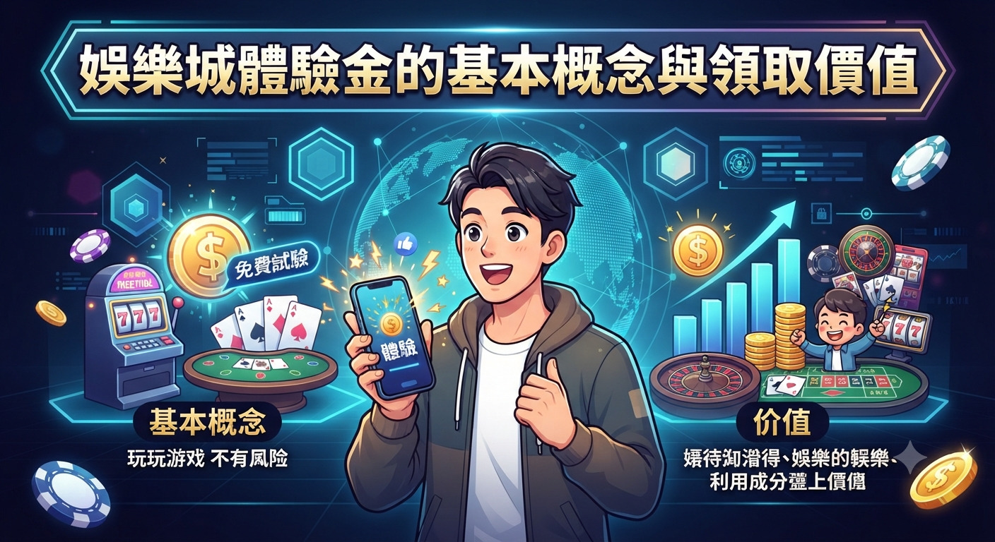 這是一張以「娛樂城體驗金的基本概念與領取價值」為主題的科技風格宣傳圖片。 畫面中央有一位拿著手機興奮的年輕人,周圍搭配籌碼、老虎機與數據圖表等元素。