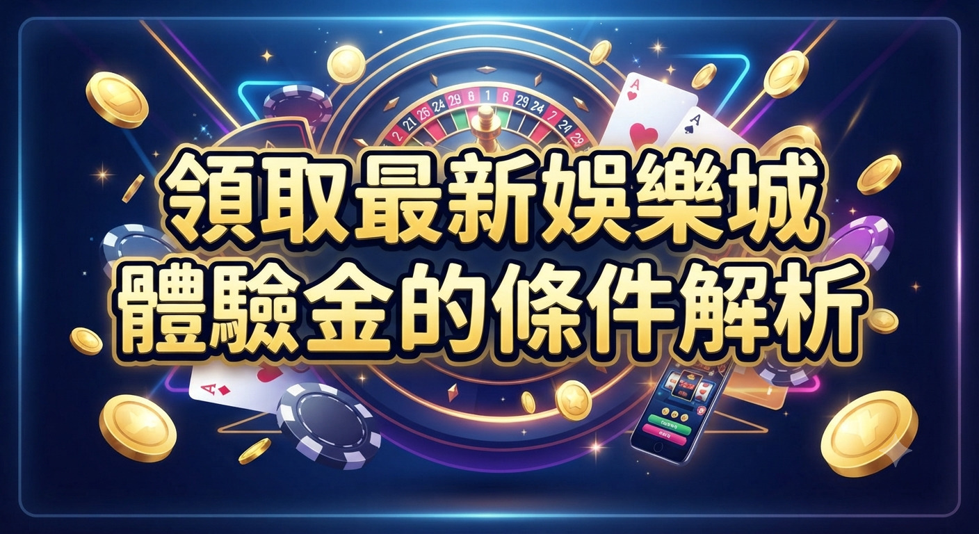 這是一張以「領取最新娛樂城體驗金的條件解析」為主題的宣傳圖片。 背景融合了霓虹燈光、輪盤、撲克牌及金幣等豐富的線上賭場元素。