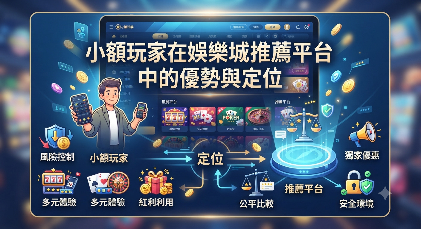 這張圖片展示了小額玩家在娛樂城推薦平台中的優勢與定位。畫面結合了數位介面、人物與圖標，呈現出風險控制、多元體驗與平台評比的核心概念。