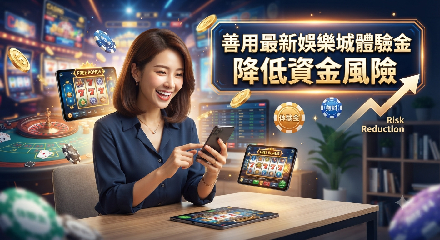 這是一張以「善用最新娛樂城體驗金降低資金風險」為主題的宣傳圖片。 畫面中展示了一名女性正使用手機與平板體驗線上娛樂，並融入了籌碼及降低風險的視覺元素。