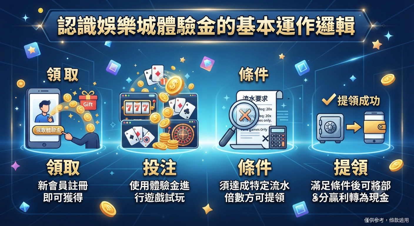 圖片上方醒目地顯示了「認識娛樂城體驗金的基本運作邏輯」標題,並以四個步驟圖解說明了從領取、投注、達成流水條件到最終提領的運作流程。 整體設計採用藍色科技感背景,搭配手機、賭場遊戲圖示及詳細文字,清晰呈現線上娛樂城體驗金的使用機制。
