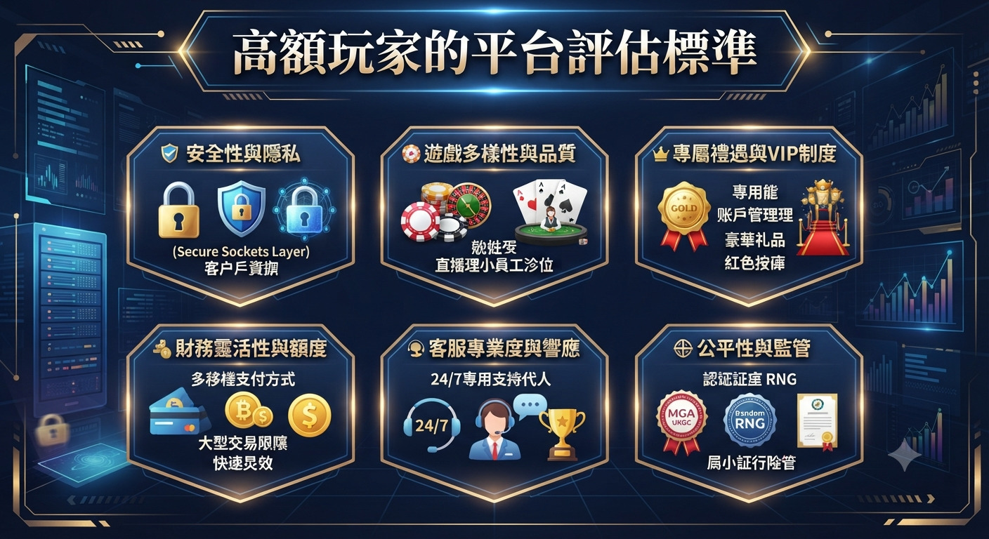 這張圖片展示了高額玩家在評估平台時的關鍵標準,採用高科技風格的藍色介面與六邊形圖標設計。 上方醒目地標示出主標題「高額玩家的平台評估標準」,整體呈現專業且現代化的視覺質感。