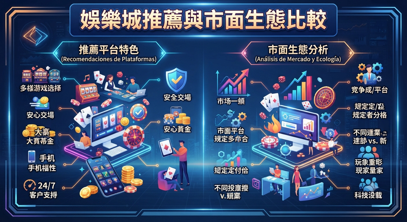 這張圖片展示了娛樂城推薦與市面生態的比較分析,並透過圖表與介面進行了詳細說明。 整體設計採用了科技感十足的藍色調,左右兩側分別對應推薦平台特色與市場生態評估。