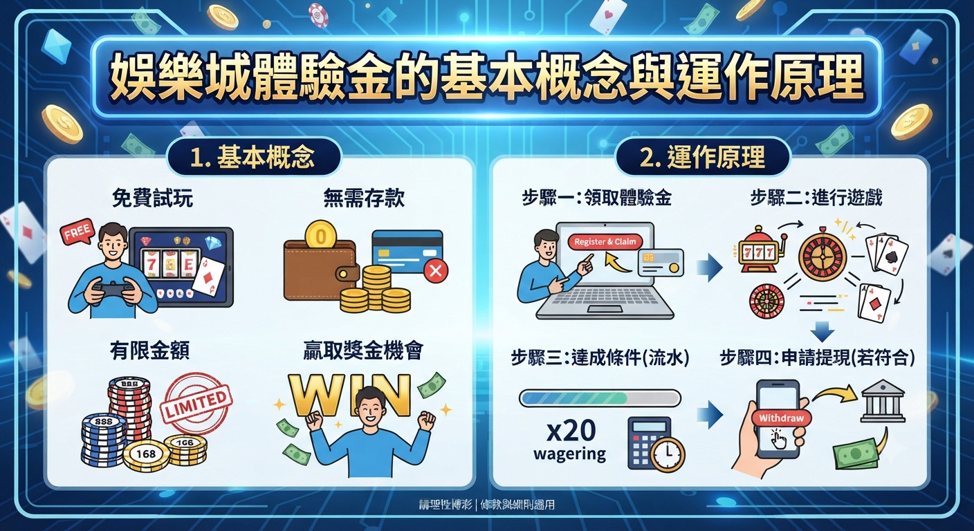 這張圖片以「娛樂城體驗金的基本概念與運作原理」為標題，清晰地圖解了線上娛樂城免費試玩、無需存款的基礎概念。 右半部則透過四個步驟詳細展示了從領取體驗金、進行遊戲、達成流水條件到申請提現的完整運作流程。