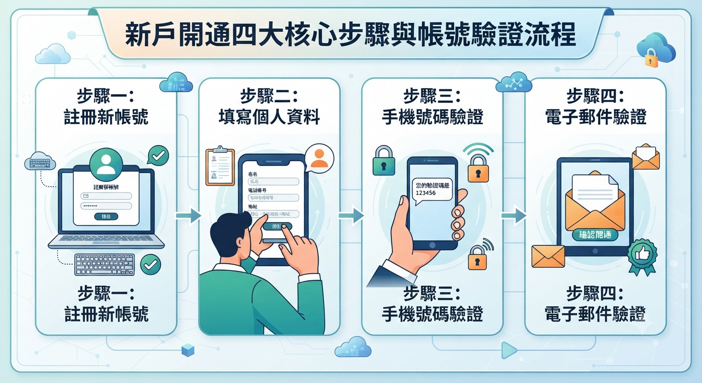 圖片展示了新戶開通的四大核心步驟與帳號驗證流程。 畫面透過圖解與圖標清晰呈現註冊到驗證的完整操作指引。