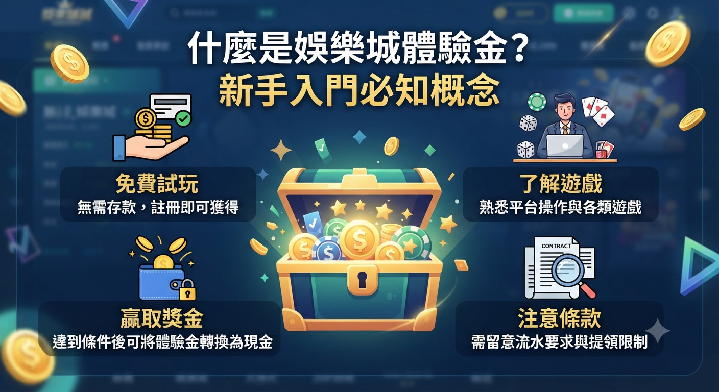 這是一張關於娛樂城體驗金的介紹圖,上方醒目標示著主標題。 畫面中心繪有裝滿金幣的寶庫箱,四周搭配新手入門的核心概念與圖示。