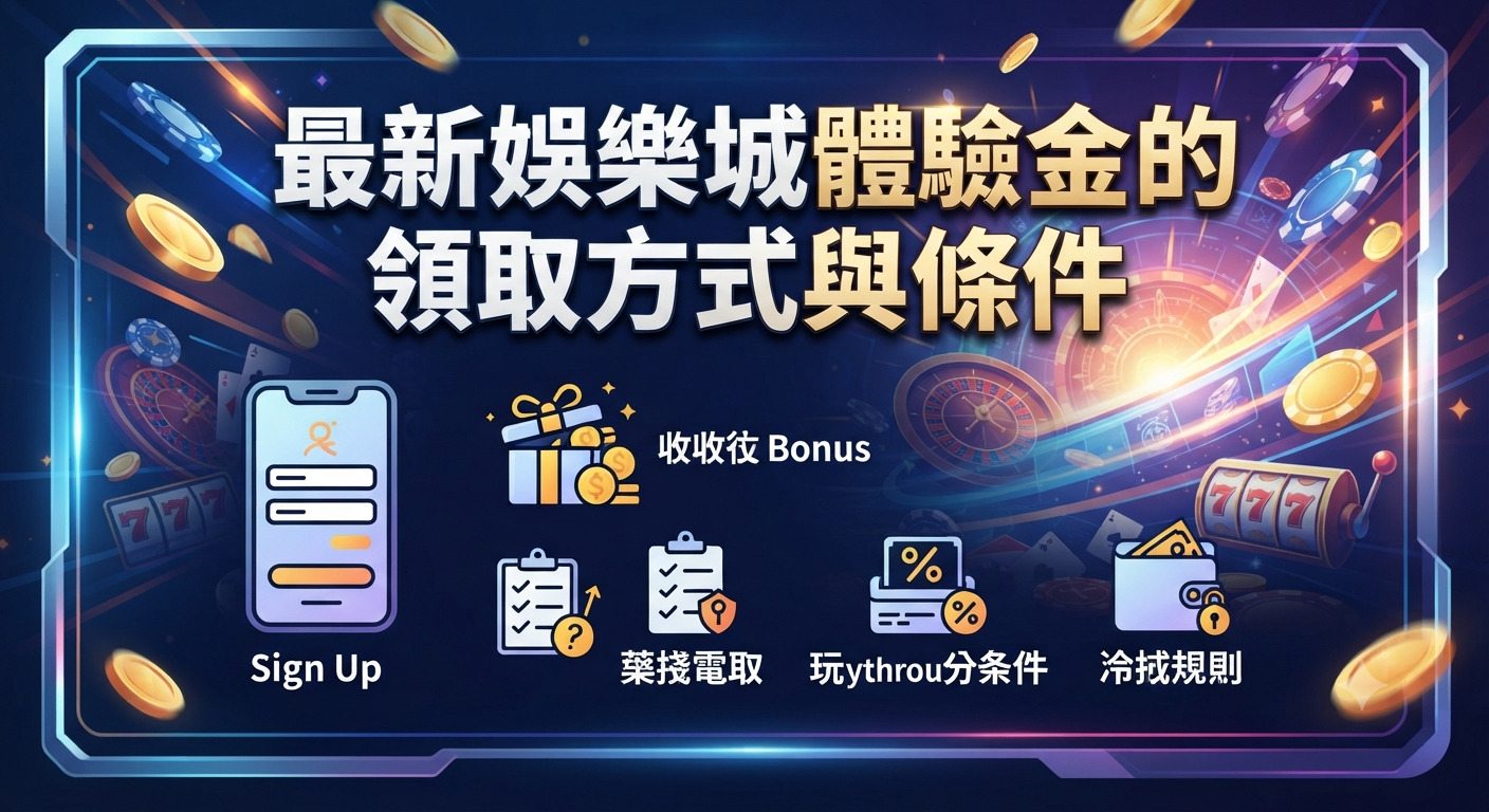 這是一張關於最新娛樂城體驗金領取方式與條件的主題圖片。 畫面採用科技感十足的藍紫色設計,並醒目地呈現了標題文字。