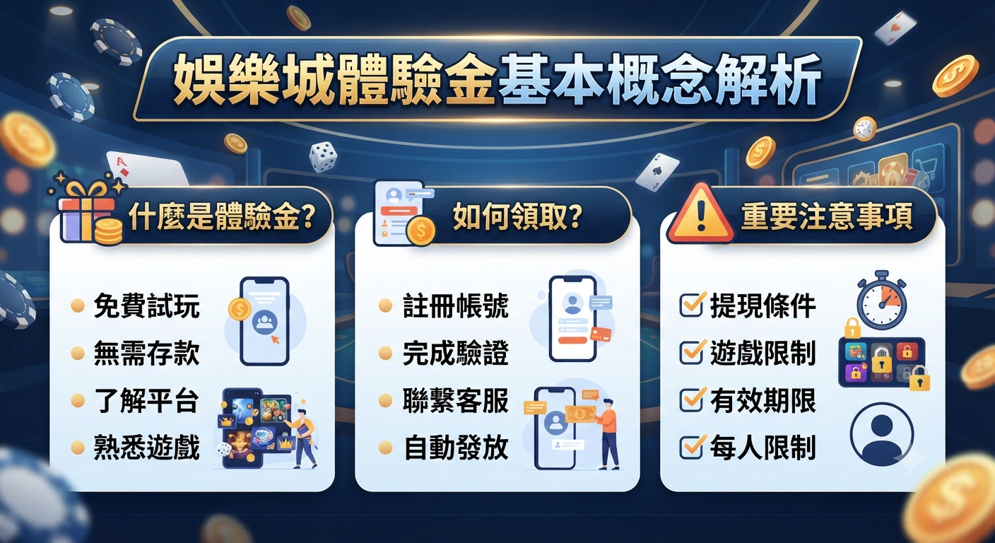 圖片上方醒目地顯示著「娛樂城體驗金基本概念解析」的主標題。 下方則透過三個區塊分別說明體驗金的定義、領取方式與重要注意事項。