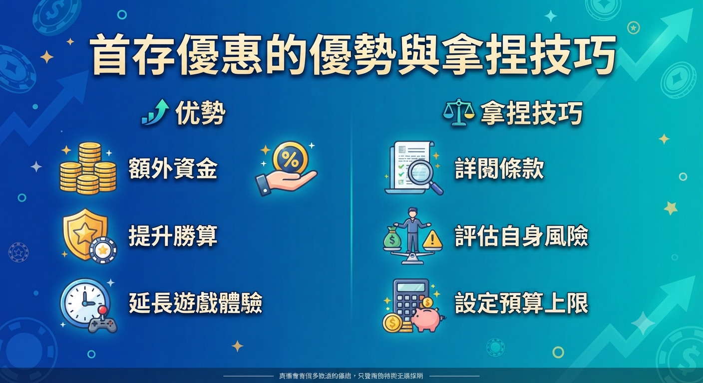 這張圖片的主題是「首存優惠的優勢與拿捏技巧」,圖中以藍色為基調並列出了相關的優勢與拿捏技巧圖示。 整體設計專業清晰,旨在協助玩家了解並妥善運用首存優惠。