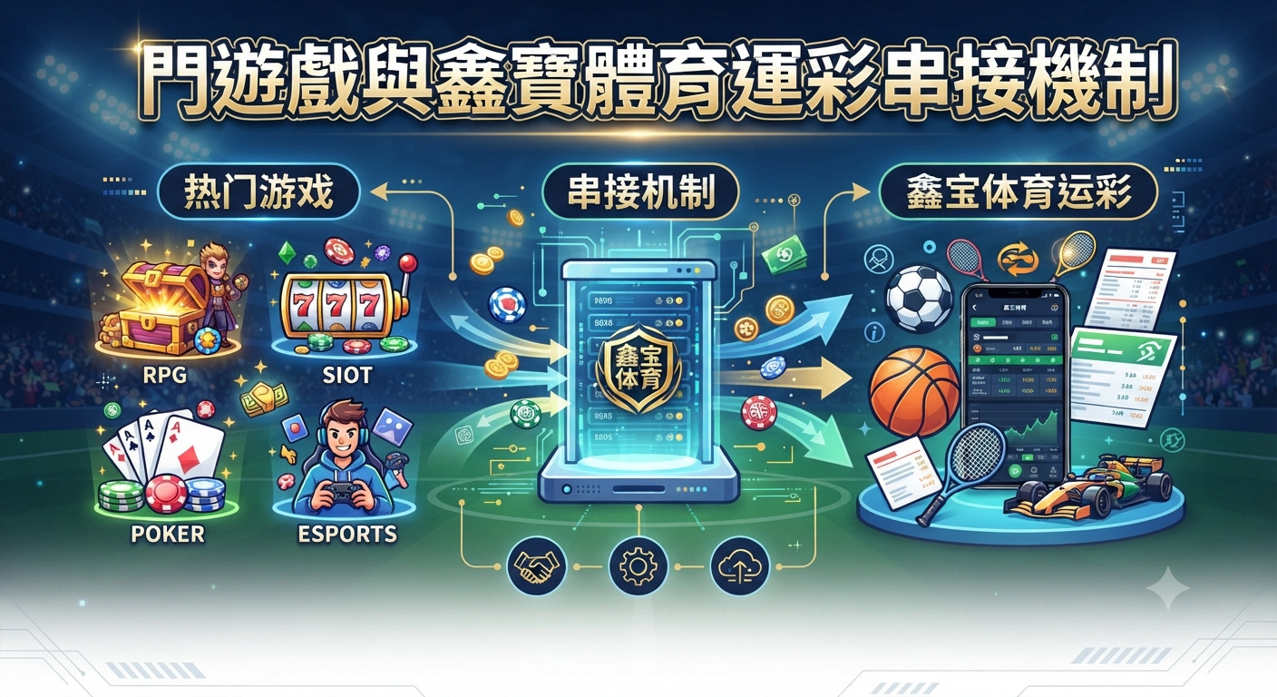圖片展示了熱門遊戲與鑫寶體育運彩串接機制的架構,透過中央伺服器將兩端系統數據流暢地連接在一起。 畫面頂端醒目地標示出主標題,整體風格兼具科技感與娛樂視覺效果。