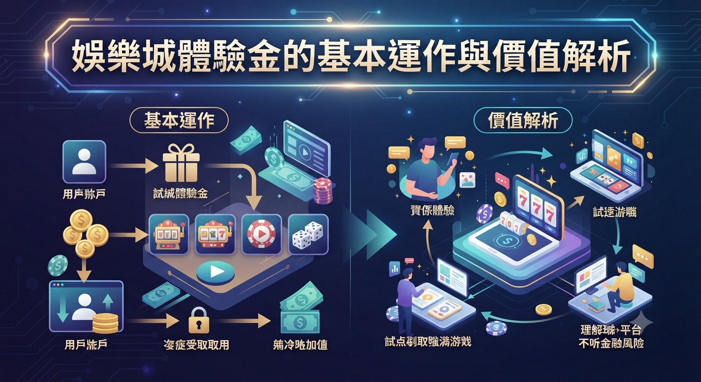 這張圖表以科技風格的深色背景為主,頂部清晰展示了「娛樂城體驗金的基本運作與價值解析」的大字標題。 畫面左右兩側透過流程圖、籌碼、使用者帳戶與老虎機等視覺元素,生動圖解了體驗金的運作流程與應用價值。