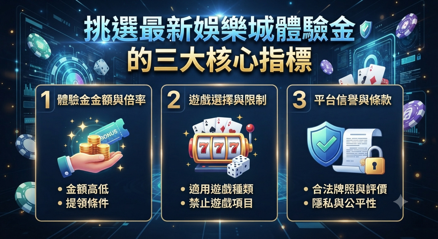 這張圖片展示了挑選最新娛樂城體驗金的三大核心指標,採用科技感與賭場元素的視覺設計。 上方醒目地呈現了文章的主標題,下方則以三個區塊清晰列出相關的評估項目。