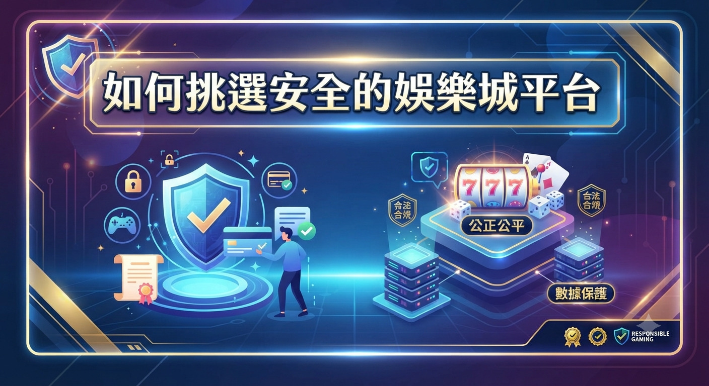 這是一張以「如何挑選安全的娛樂城平台」為主題的科技風格宣傳圖片。 畫面中包含醒目的繁體中文標題,並搭配代表安全防護、資料保護與公平機制的圖示。