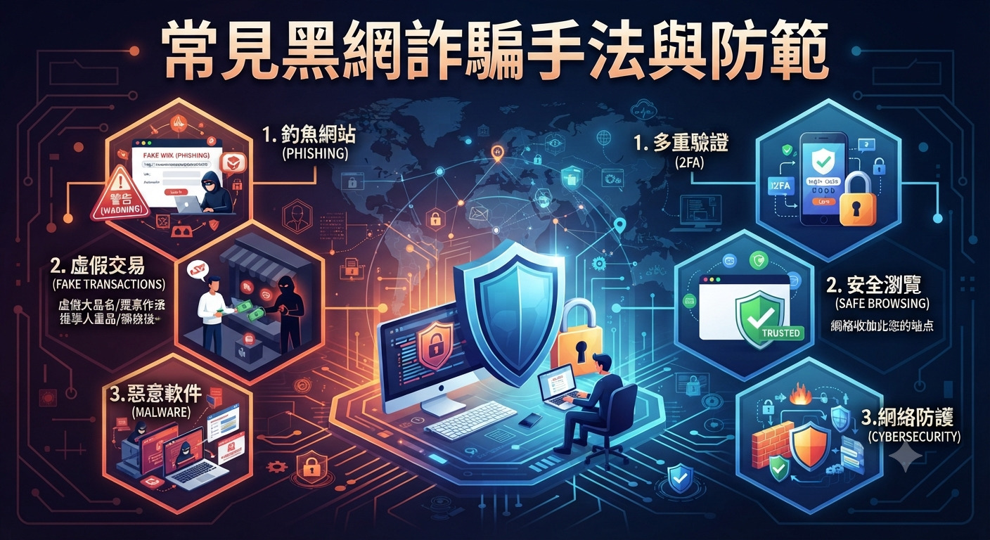 這張圖片的主題是「常見黑網詐騙手法與防範」,透過科技感與資訊安全的視覺設計呈現。 畫面融合了網路世界、防護盾牌以及詐騙手法與防範機制的圖示說明。