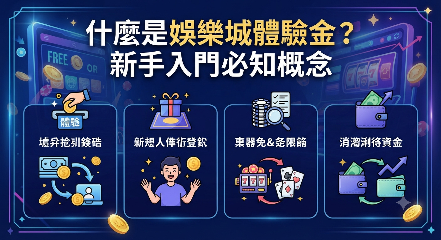 這是一張關於「娛樂城體驗金」的新手入門教學圖片。 畫面採用科技感十足的深藍色背景,並附帶相關的主題圖標與說明。